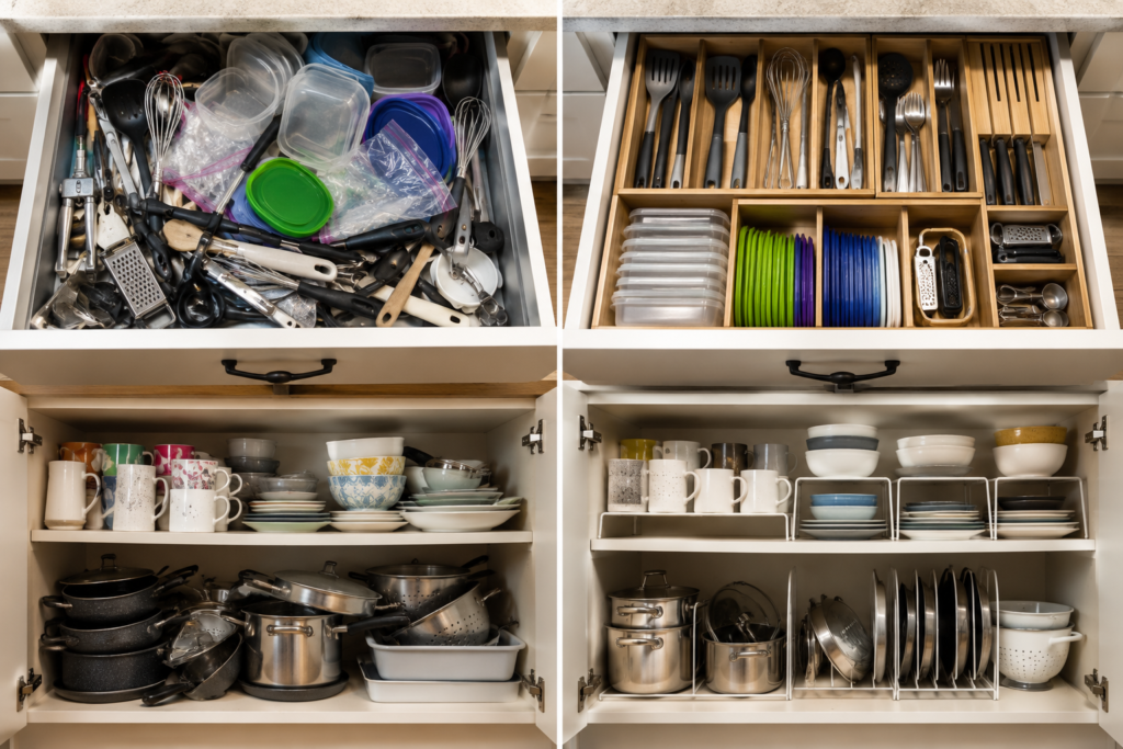 cajones y armarios de cocina pequeña antes y después de organizarlos.