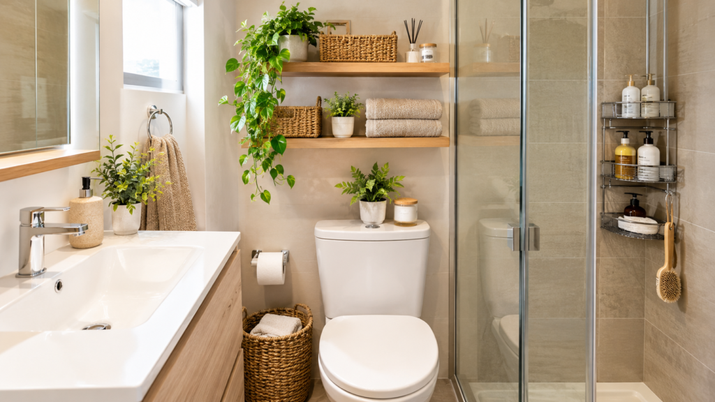 Baño pequeño con estantes, lavabo y ducha