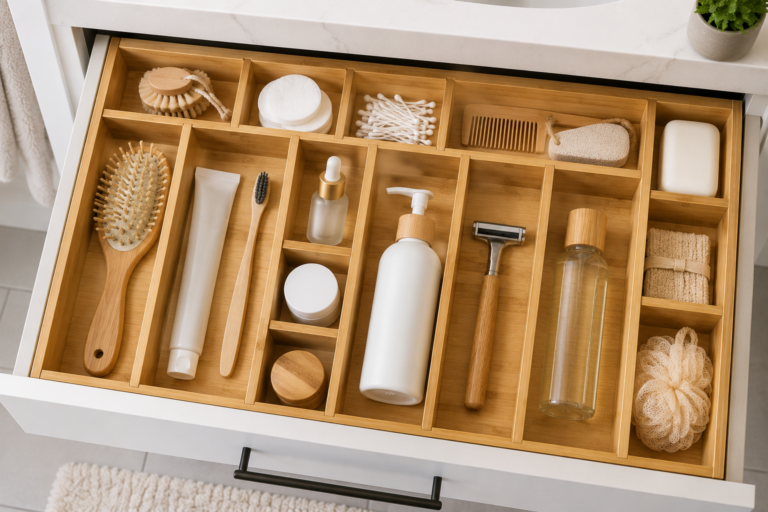 Objetos pequeños separados en compartimentos dentro de un cajón de baño
